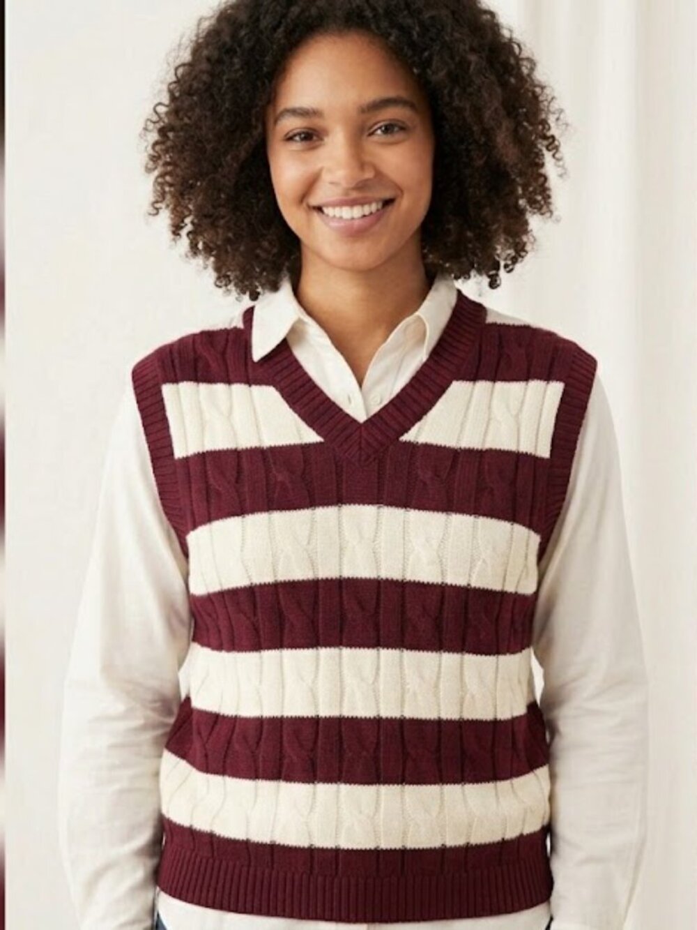 SO Burgundy & White Striped Cable Knit V-Neck Sweater Vest - Size L